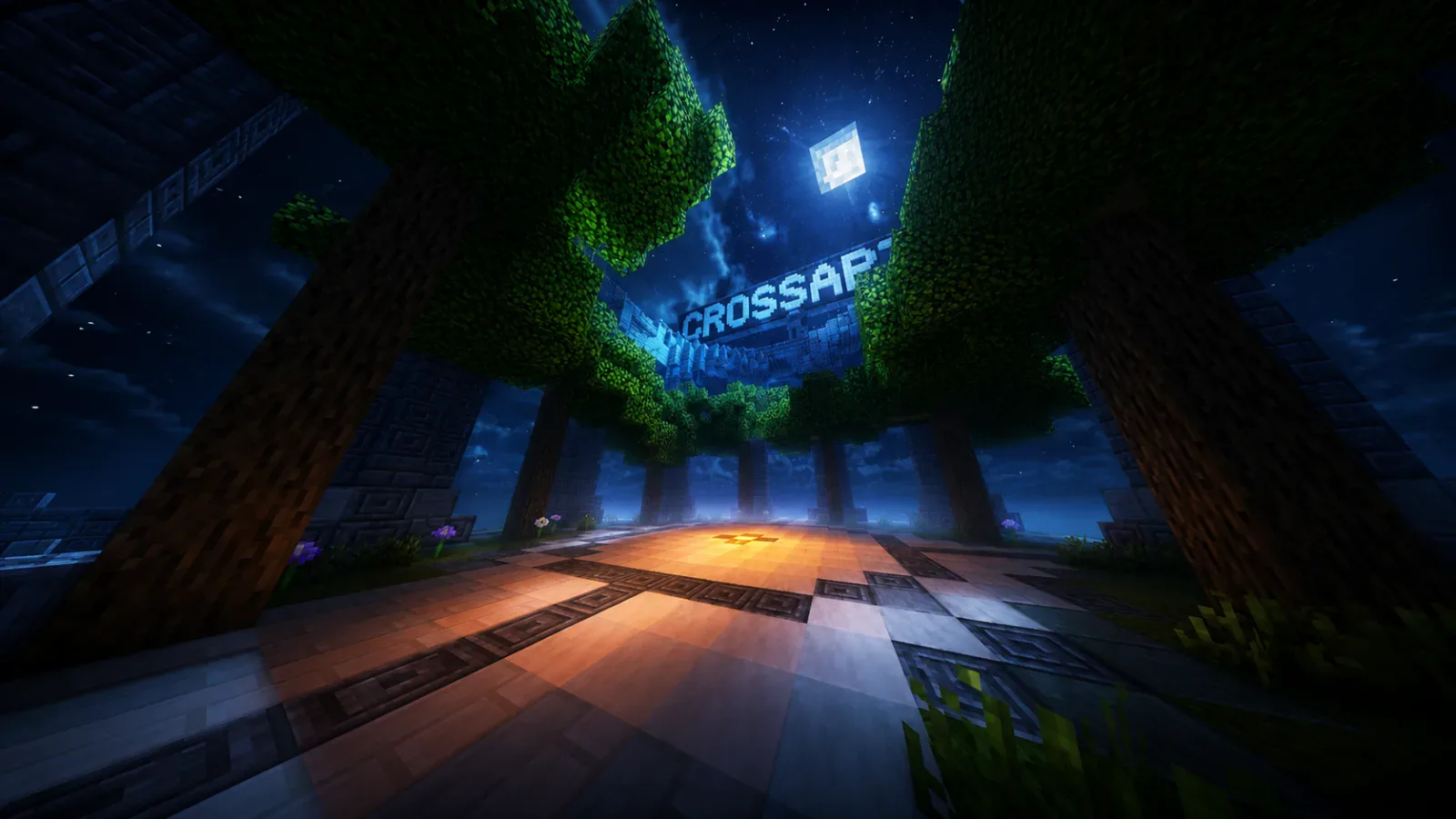 The grove plaza at spawn, with the server name hanging in the night sky
