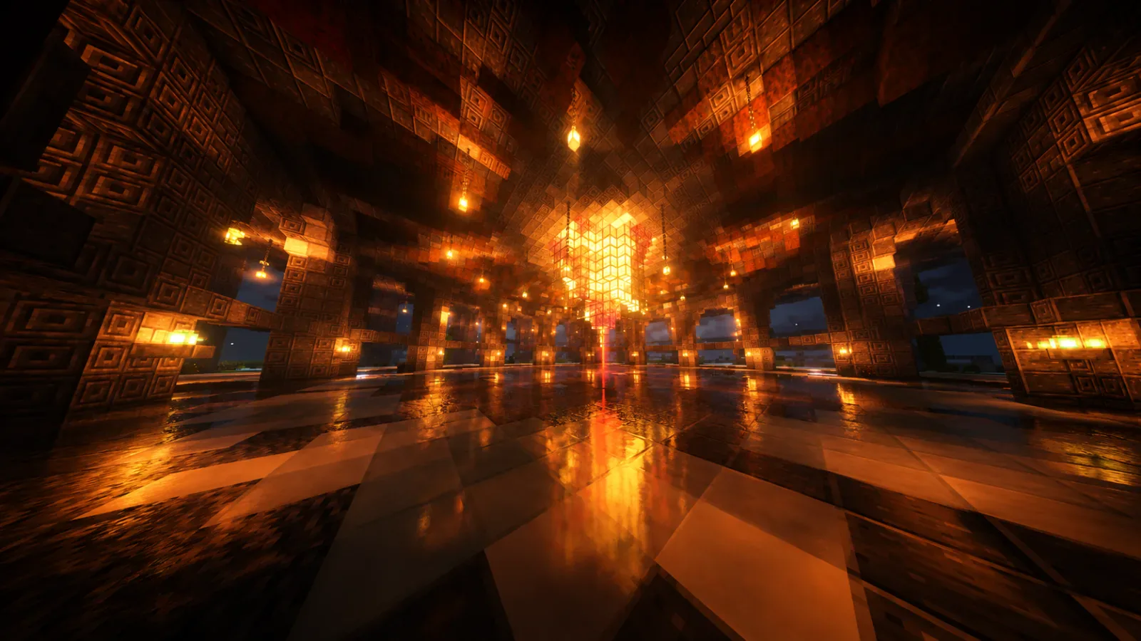 The lantern hall at spawn, light reflecting off polished stone