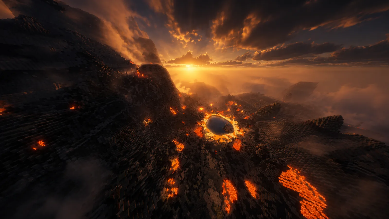 Lava spreading in veins from a dark crater across the Chaos badlands, low sun on the horizon