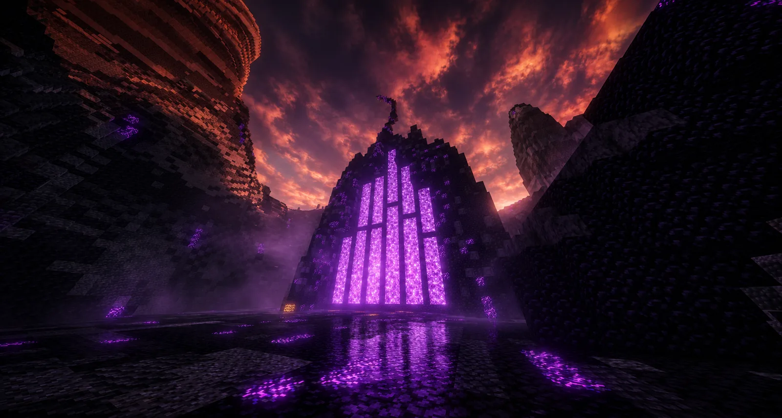 A towering gate in the badlands, its frame flooded with violet light