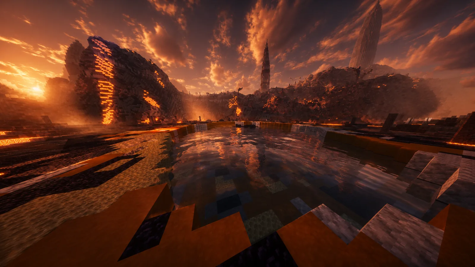 Still water reflecting a burning sky, between mesa cliffs lit from within by lava