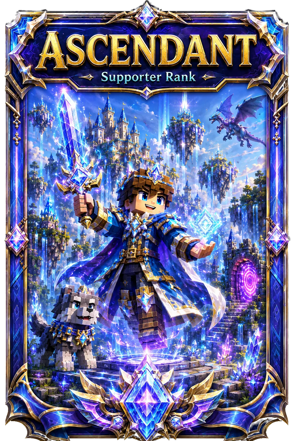 Ascendant supporter rank card: a robed figure wreathed in light in a sapphire and gold frame