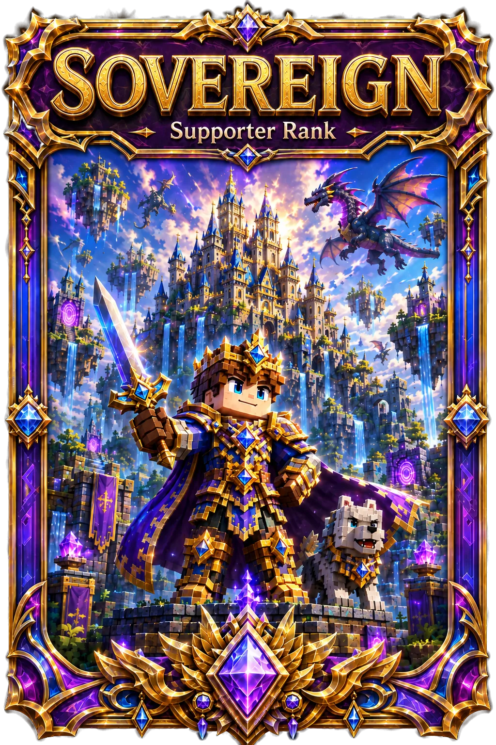 Sovereign supporter rank card: a crowned ruler over a spired city in a violet and gold frame