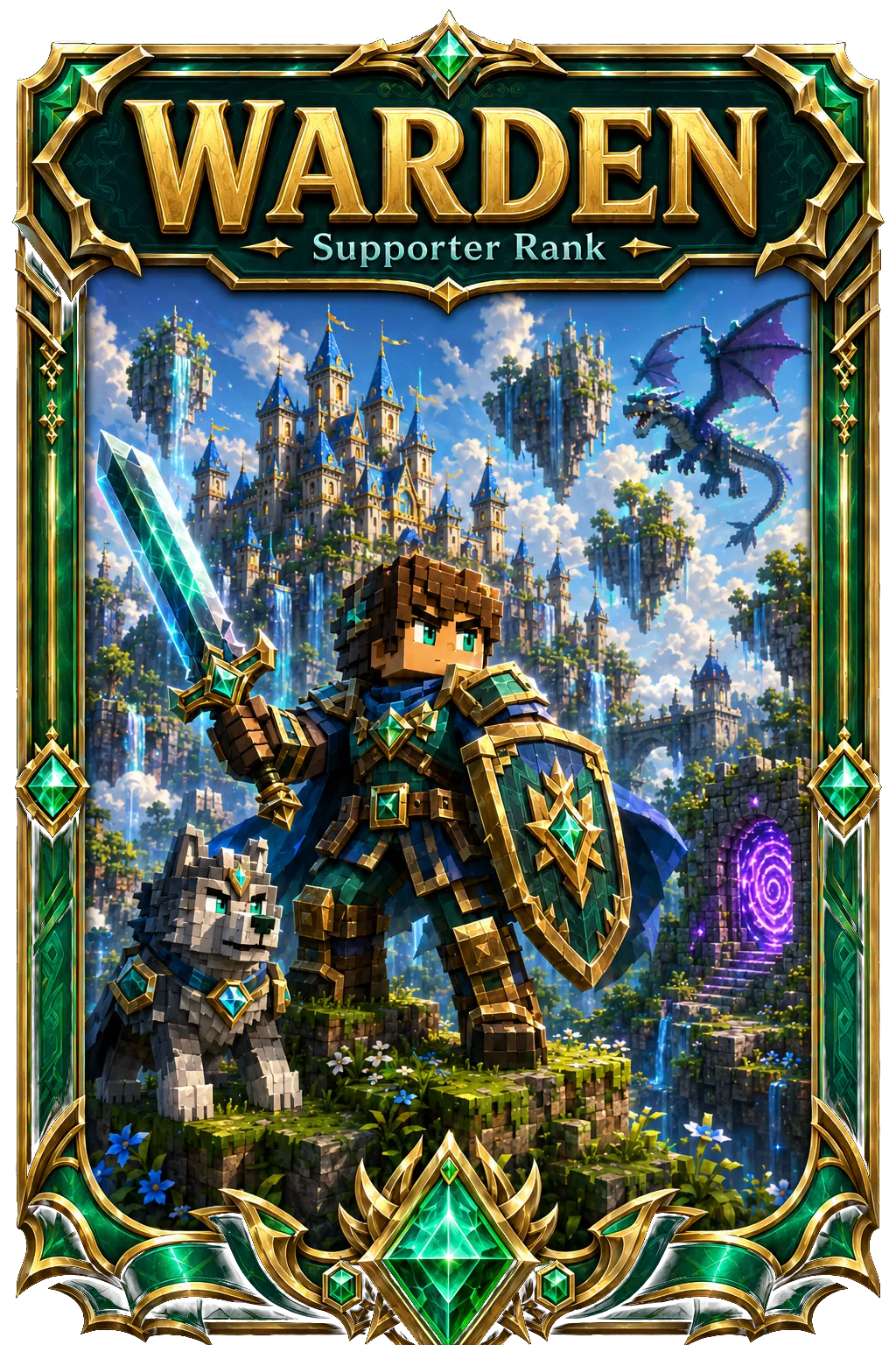 Warden supporter rank card: a shield-bearer above the treeline in a green and gold frame